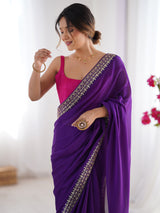 Women's Pure Georgette Pink Embellished Designer Saree with Blouse Piece