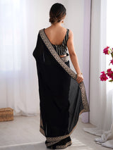 Women's Vichitra Silk Black Embellished Designer Saree with Blouse Piece