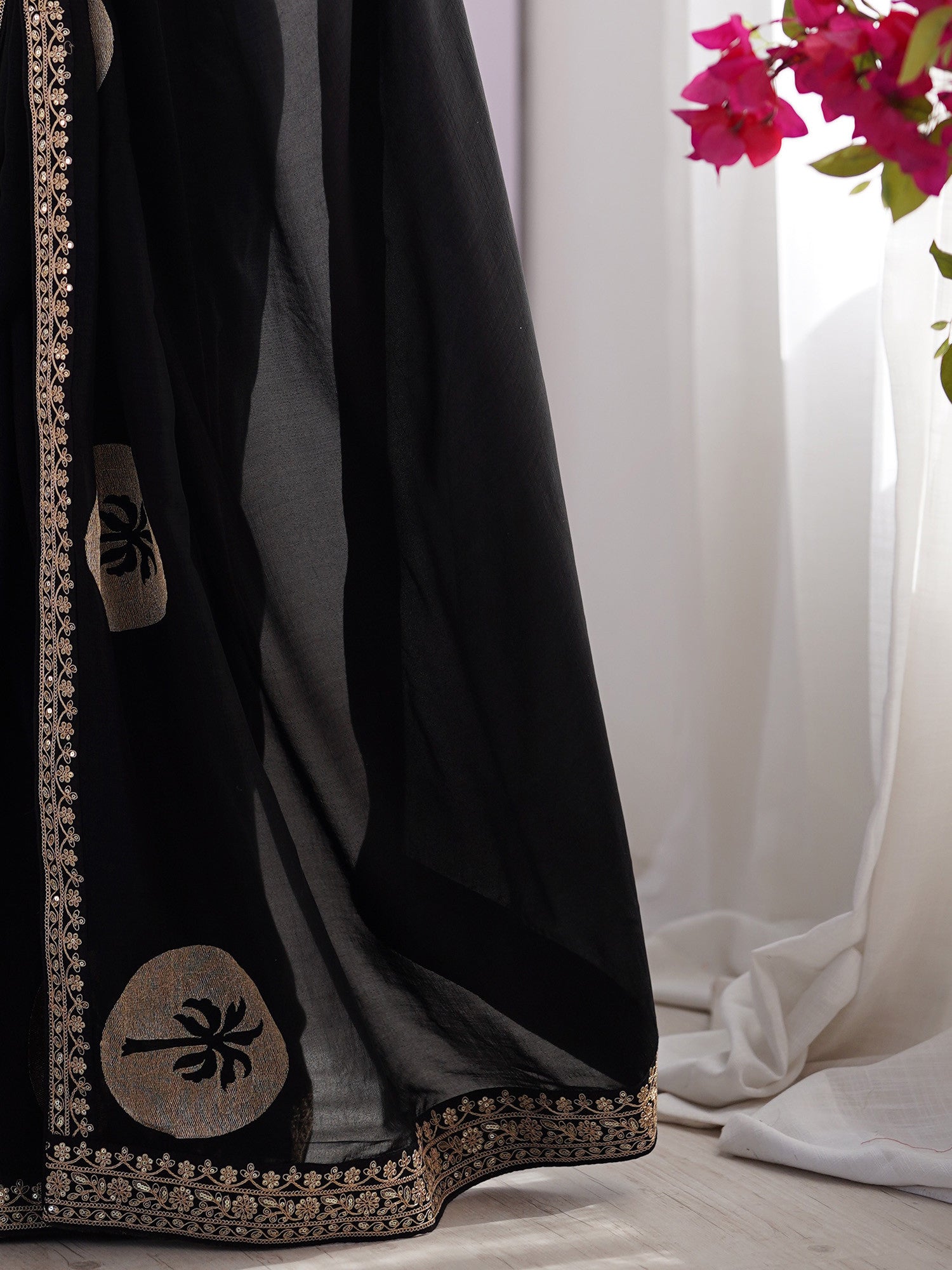 Women's Vichitra Silk Black Embellished Designer Saree with Blouse Piece