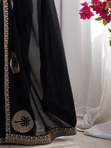 Women's Vichitra Silk Black Embellished Designer Saree with Blouse Piece