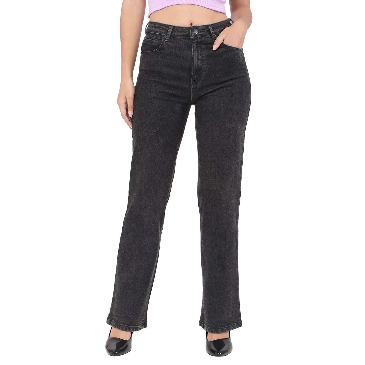 Women's Black Casual Straight Fit Solid Jeans