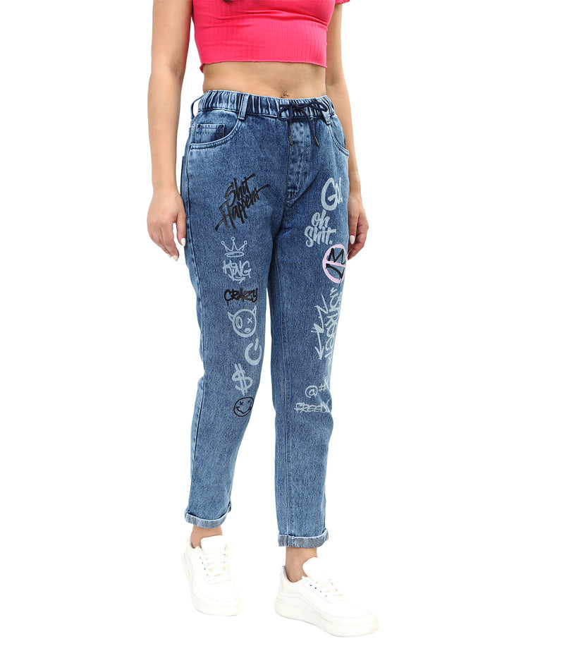 Women's Blue Casual Regular Fit Printed Jeans