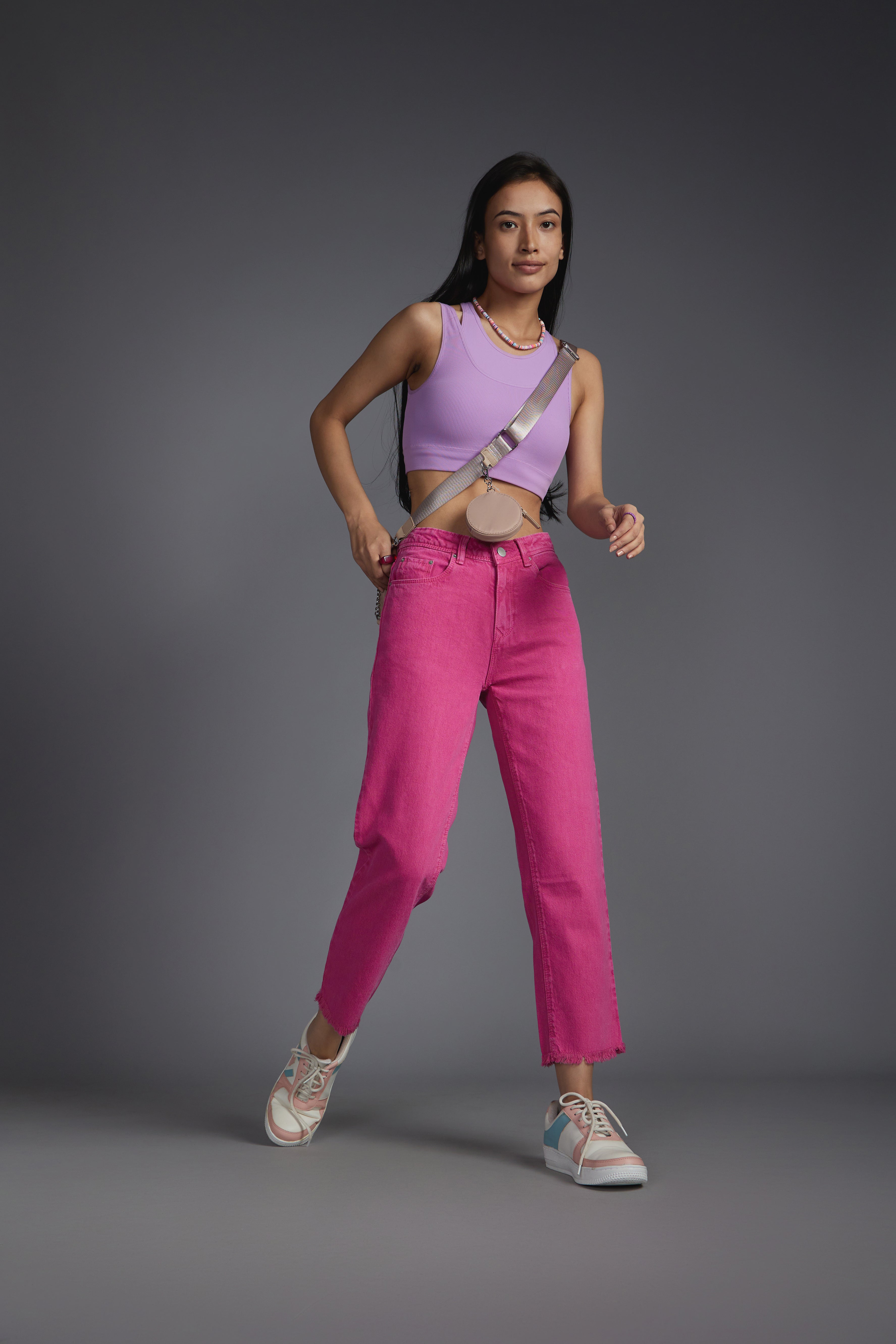 Women's Pink Casual Straight Fit Solid Jeans