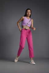 Women's Pink Casual Straight Fit Solid Jeans