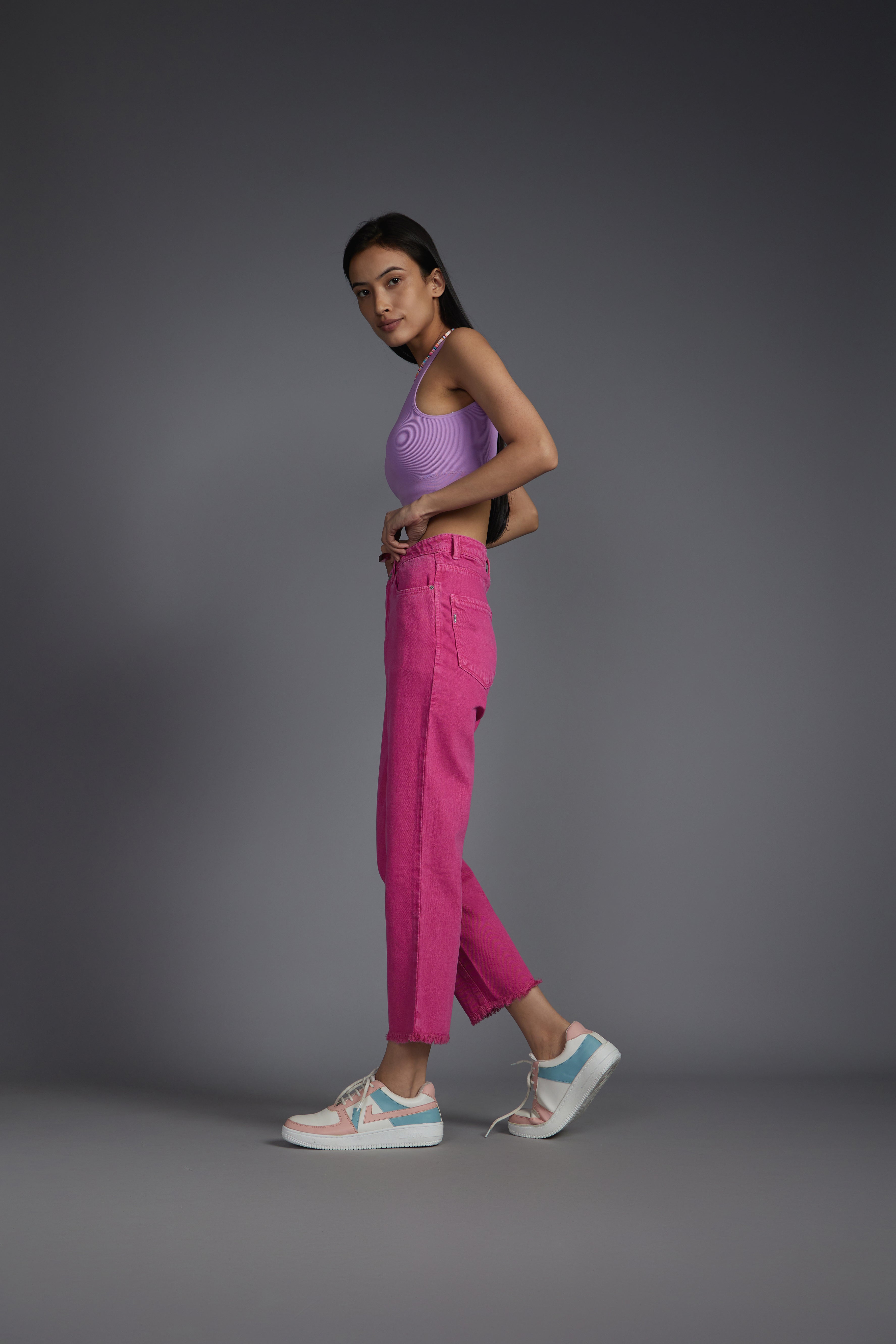 Women's Pink Casual Straight Fit Solid Jeans