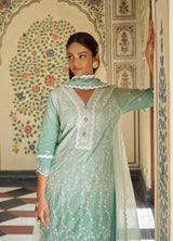 Women's Green Fusion Regular Fit Embroidered Three Quarter Sleeves Kurtas Sets