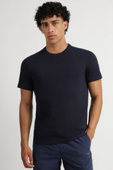 Men's Navy Blue Casual Cotton Blend Half Sleeves Tshirt