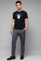 Men's Black Casual Cotton Blend Half Sleeves Tshirt