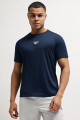 Men's Navy Blue Casual Cotton Blend Half Sleeves Tshirt