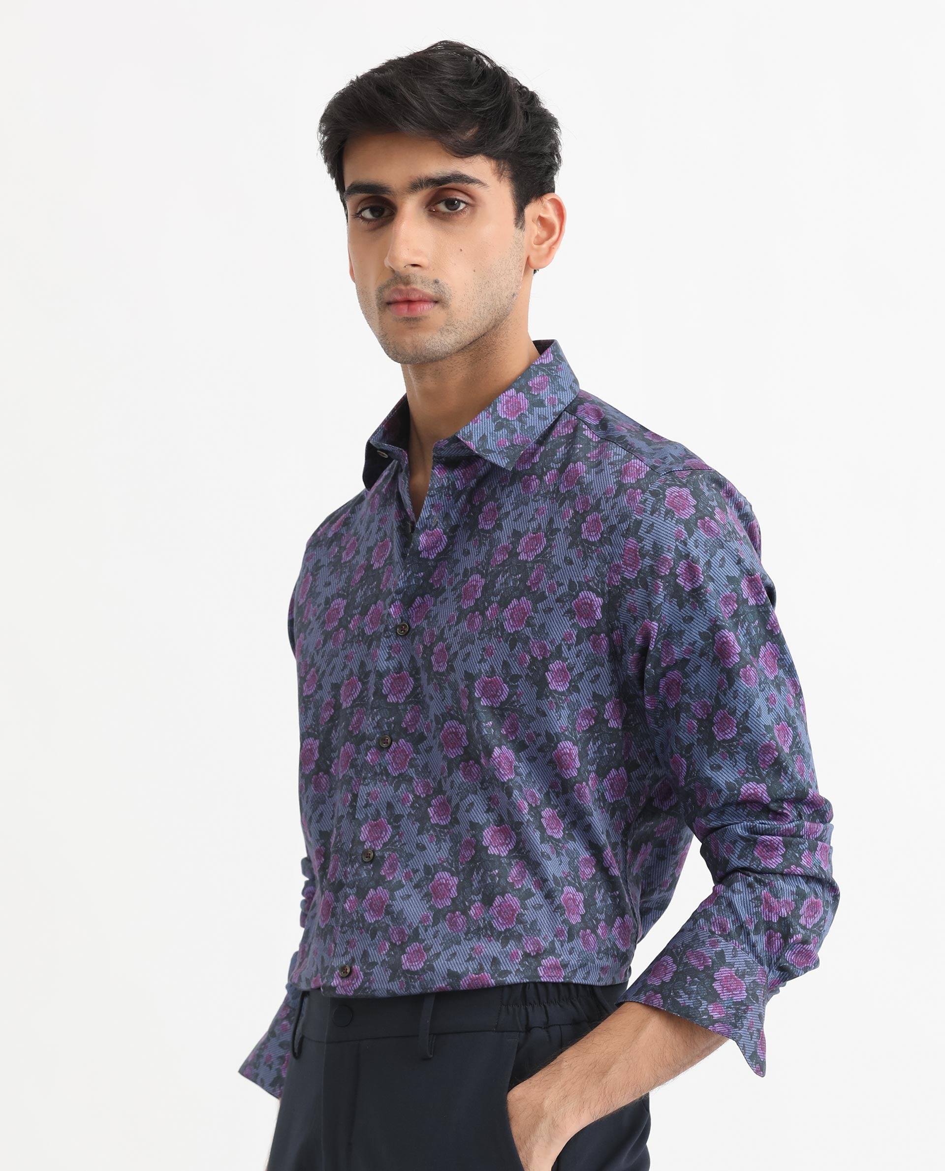 Men's Blue Casual Regular Fit Printed Full Sleeves Shirt