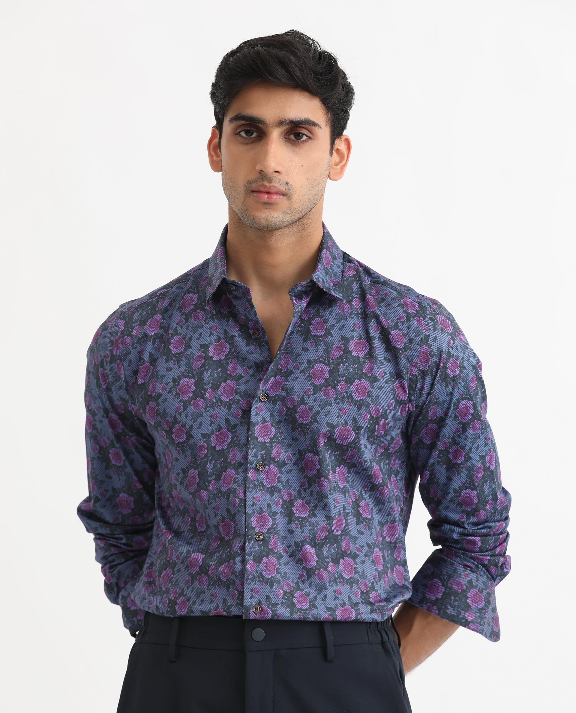 Men's Blue Casual Regular Fit Printed Full Sleeves Shirt