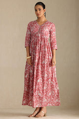 Women's Onion Pink Cotton Floral Print Dress With Zari