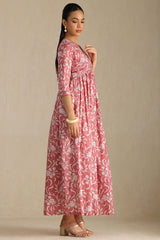 Women's Onion Pink Cotton Floral Print Dress With Zari