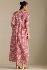 Women's Onion Pink Cotton Floral Print Dress With Zari