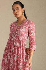 Women's Onion Pink Cotton Floral Print Dress With Zari