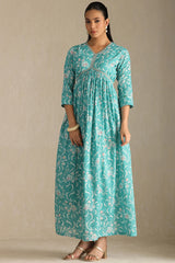Women's Turquoise Blue Cotton Floral Print Dress With Zari