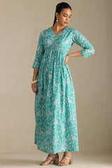 Women's Turquoise Blue Cotton Floral Print Dress With Zari