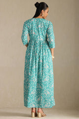 Women's Turquoise Blue Cotton Floral Print Dress With Zari