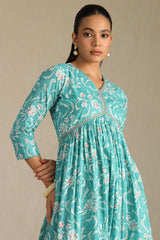 Women's Turquoise Blue Cotton Floral Print Dress With Zari