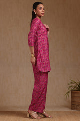 Women's Fuchsia Muslin Floral Print Co-Ord Set With Zari