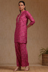 Women's Fuchsia Muslin Floral Print Co-Ord Set With Zari