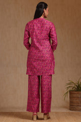 Women's Fuchsia Muslin Floral Print Co-Ord Set With Zari