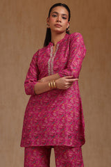 Women's Fuchsia Muslin Floral Print Co-Ord Set With Zari