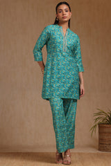 Women's Teal Muslin Floral Print Co-Ord Set With Zari