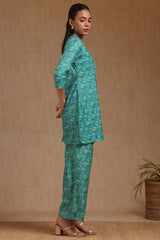 Women's Teal Muslin Floral Print Co-Ord Set With Zari