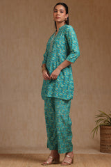 Women's Teal Muslin Floral Print Co-Ord Set With Zari