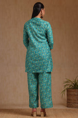 Women's Teal Muslin Floral Print Co-Ord Set With Zari