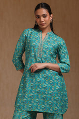 Women's Teal Muslin Floral Print Co-Ord Set With Zari