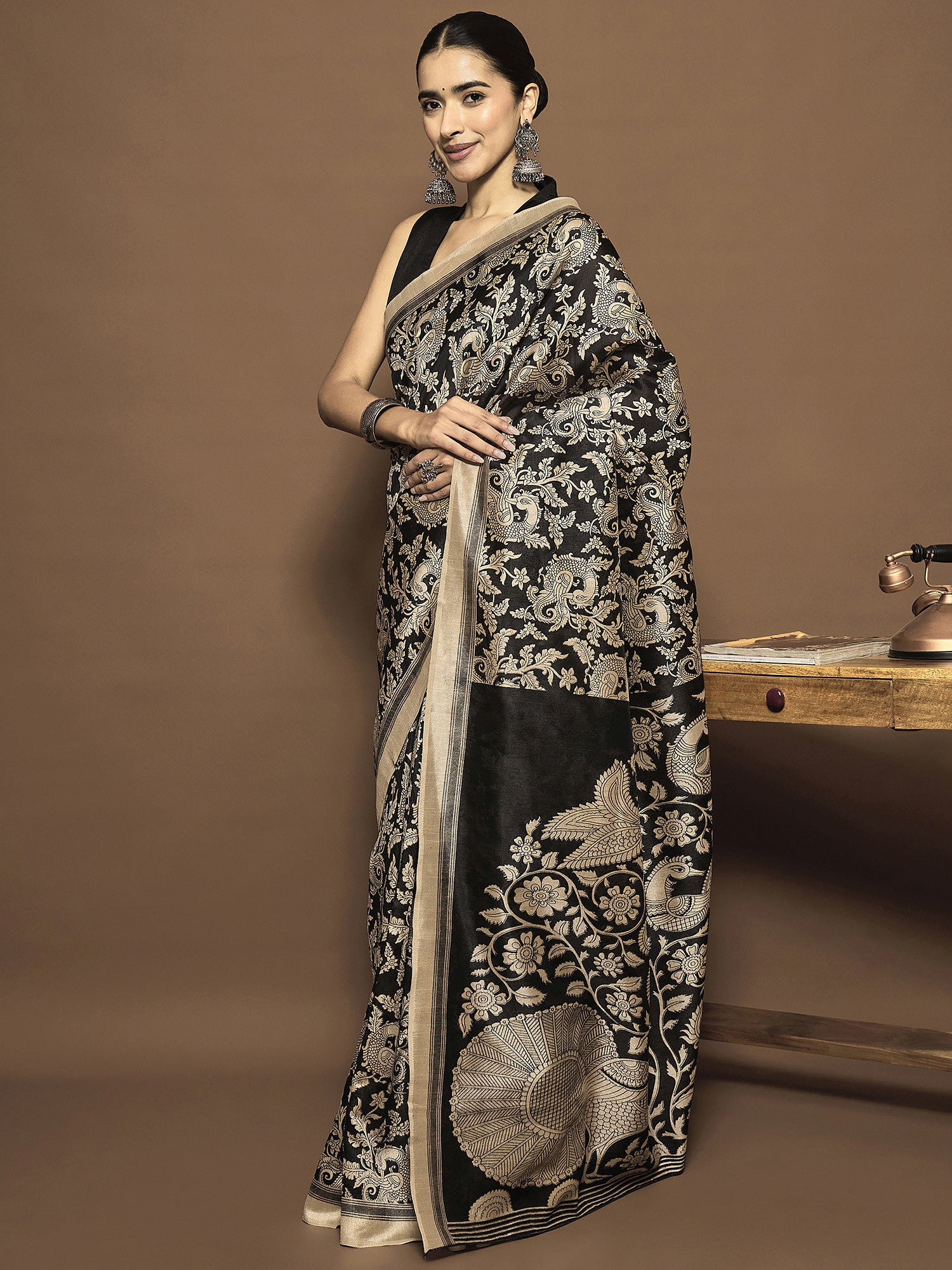 Women's Bhagalpuri Silk Black Printed Ready to Wear with Blouse Piece