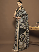Women's Bhagalpuri Silk Black Printed Ready to Wear with Blouse Piece