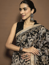 Women's Bhagalpuri Silk Black Printed Ready to Wear with Blouse Piece