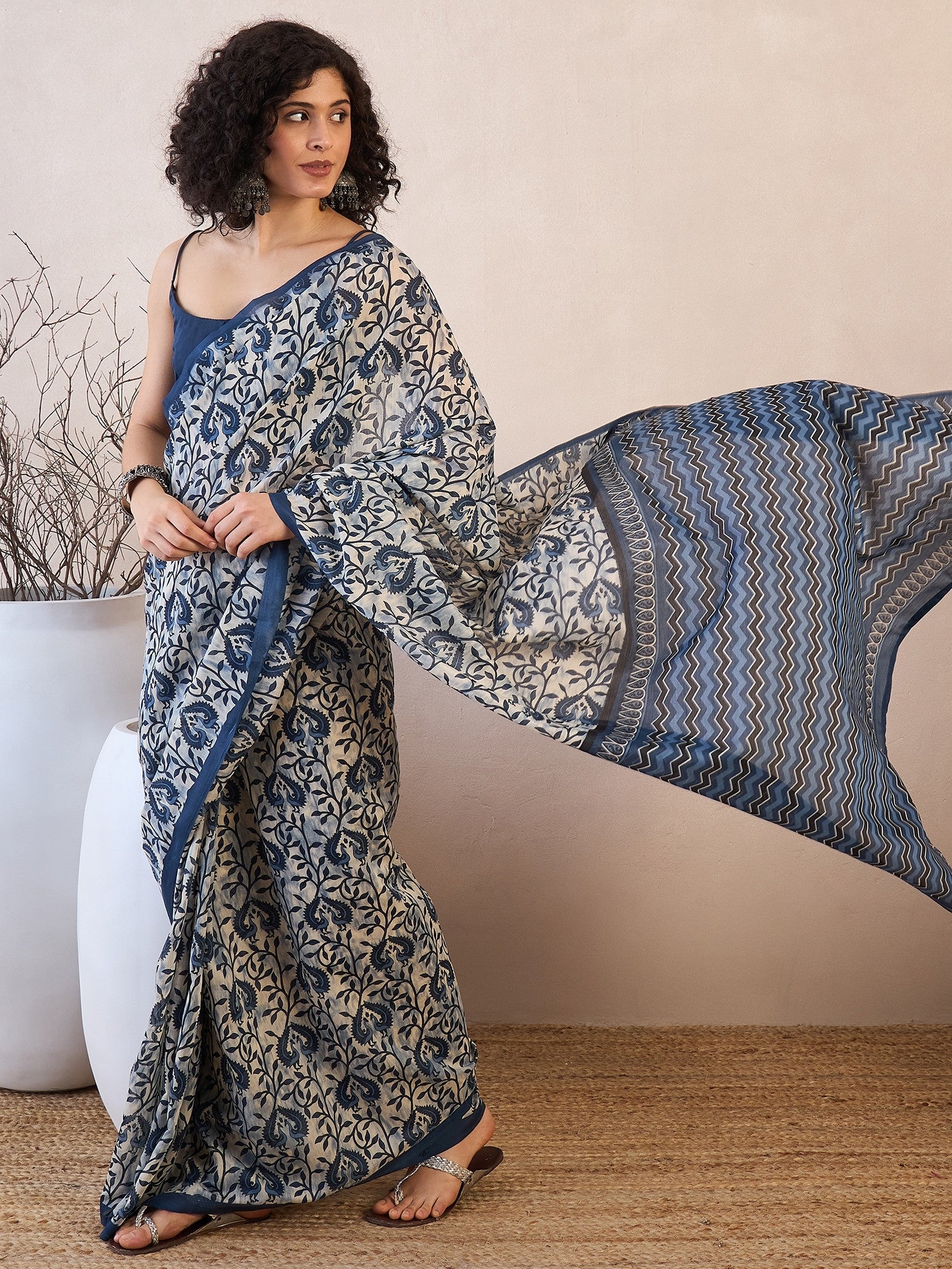 Women's Bhagalpuri Silk White Printed Designer Saree with Blouse Piece
