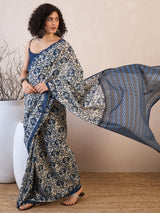 Women's Bhagalpuri Silk White Printed Designer Saree with Blouse Piece