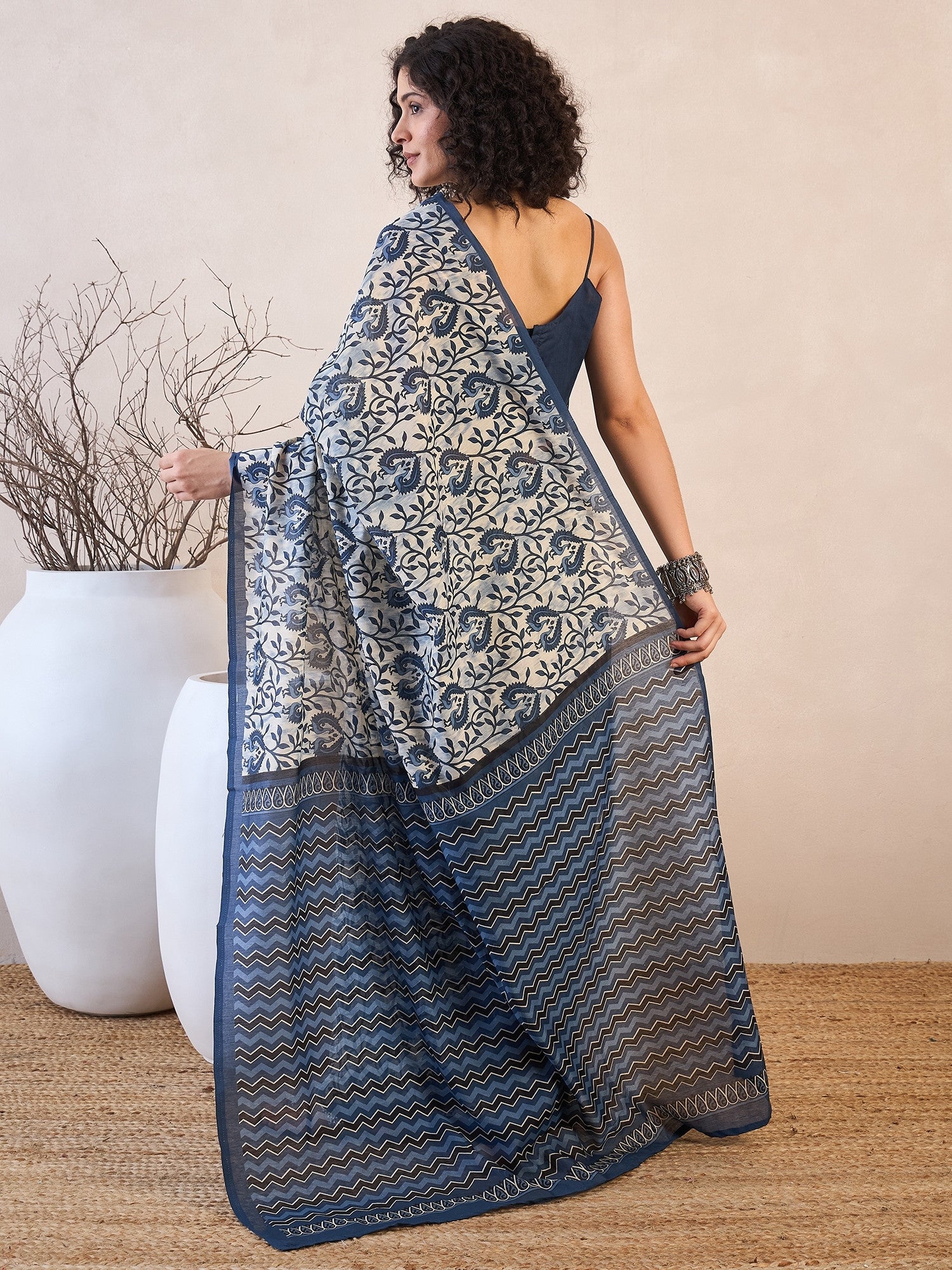 Women's Bhagalpuri Silk White Printed Designer Saree with Blouse Piece