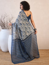 Women's Bhagalpuri Silk White Printed Designer Saree with Blouse Piece