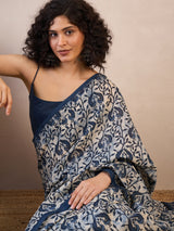 Women's Bhagalpuri Silk White Printed Designer Saree with Blouse Piece