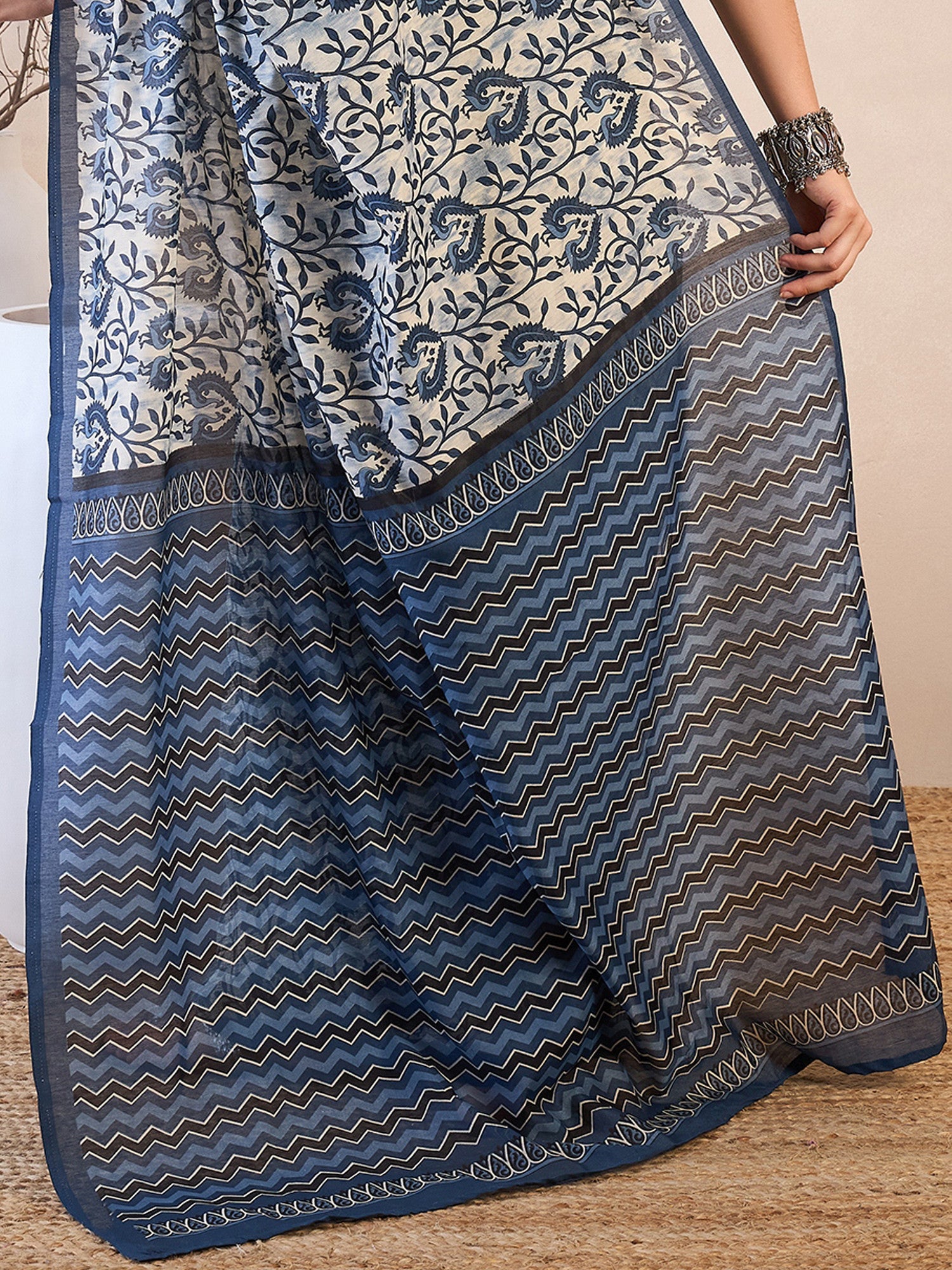 Women's Bhagalpuri Silk White Printed Designer Saree with Blouse Piece