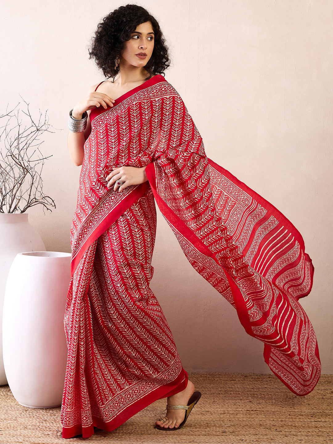 Women's Bhagalpuri Silk Red Printed Ready to Wear with Blouse Piece