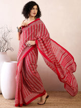 Women's Bhagalpuri Silk Red Printed Ready to Wear with Blouse Piece