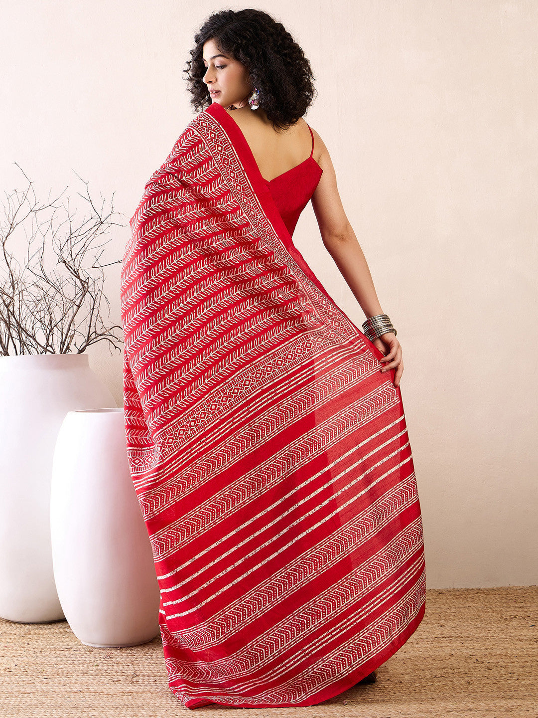 Women's Bhagalpuri Silk Red Printed Ready to Wear with Blouse Piece