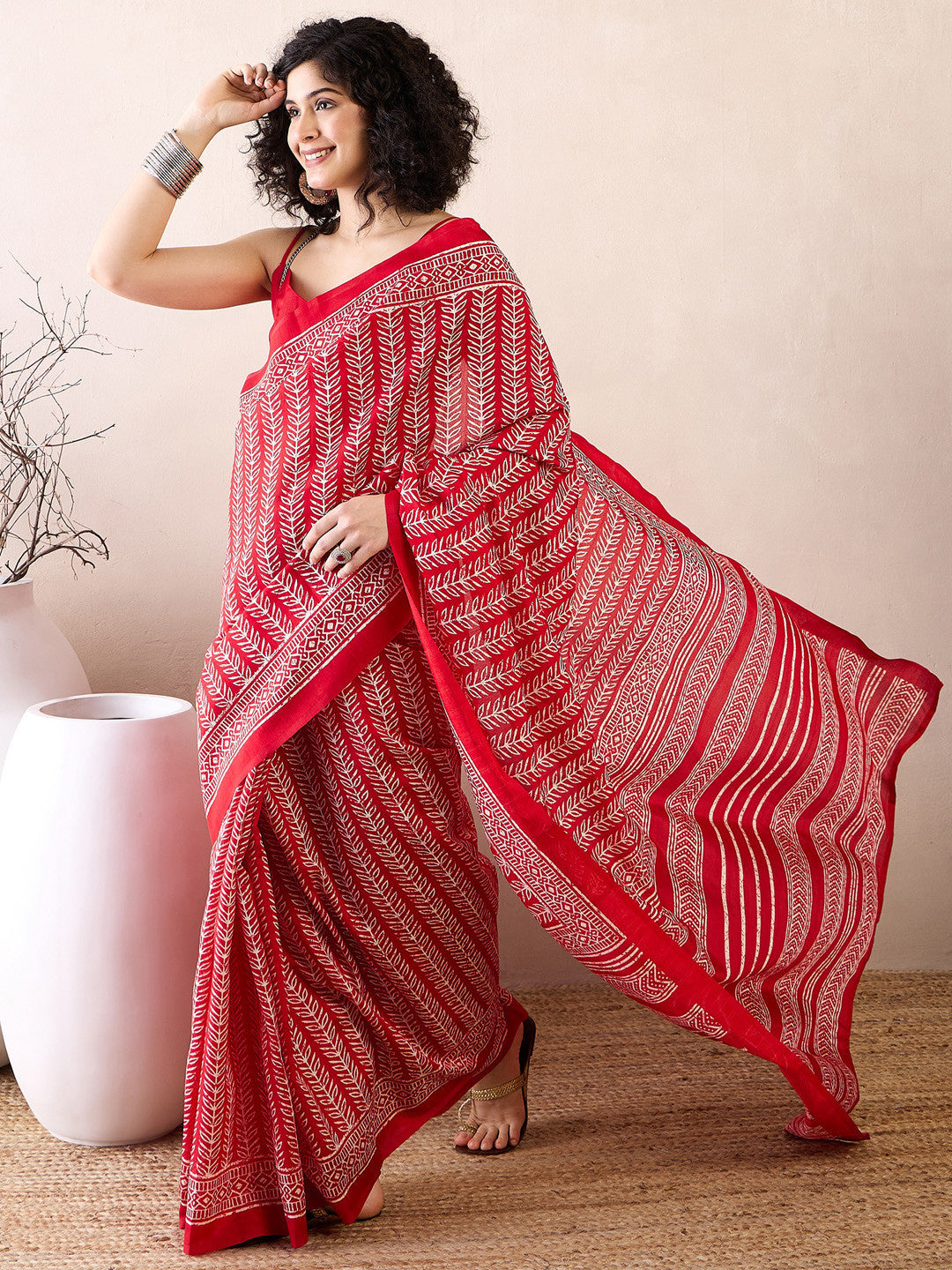Women's Bhagalpuri Silk Red Printed Ready to Wear with Blouse Piece