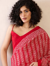 Women's Bhagalpuri Silk Red Printed Ready to Wear with Blouse Piece