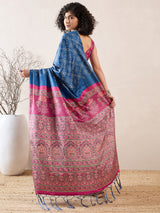 Women's Silk Blend Blue Digital Print Ready to Wear Saree with Blouse Piece