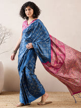 Women's Silk Blend Blue Digital Print Ready to Wear Saree with Blouse Piece
