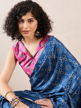 Women's Silk Blend Blue Digital Print Ready to Wear Saree with Blouse Piece