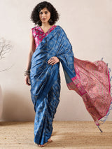 Women's Silk Blend Blue Digital Print Ready to Wear Saree with Blouse Piece